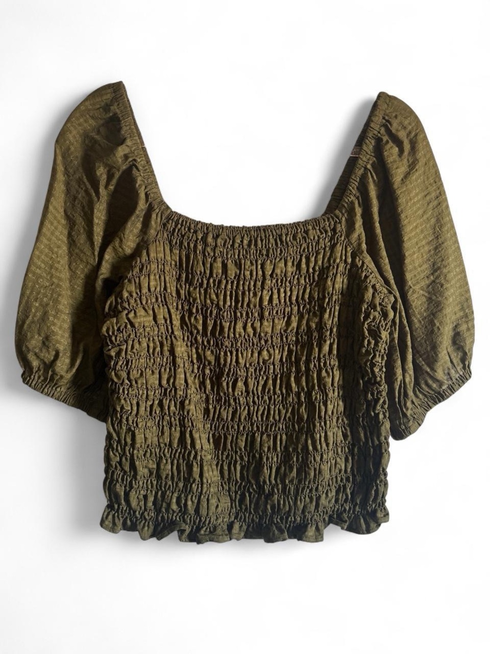 Old Navy Olive Green Smocked Square-Neck Puff Sleeve Top size L